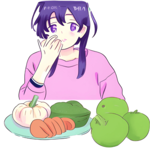 野菜がテーブルにあって、ダイエット中の女の子