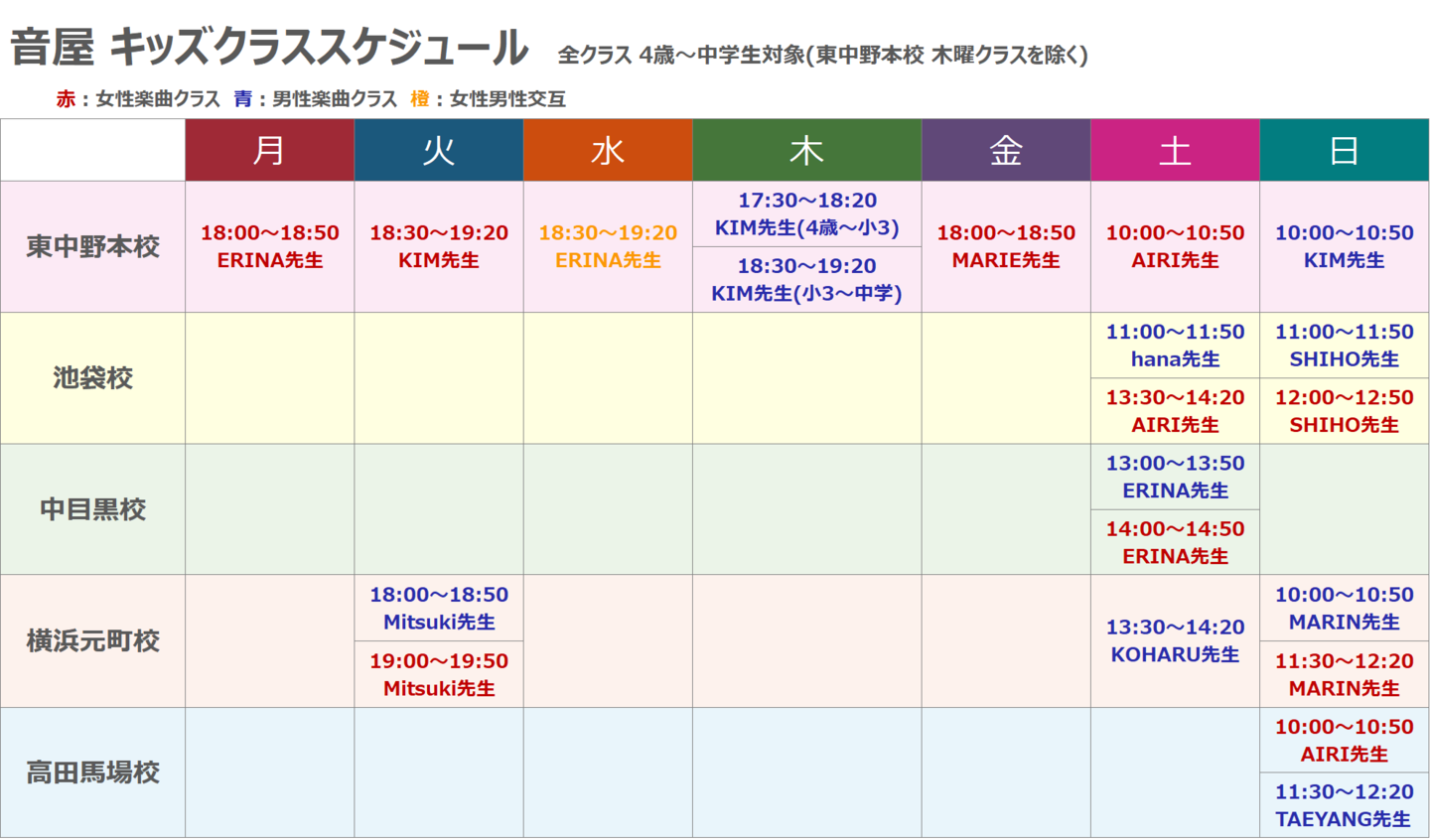 K-POPキッズダンスの週間スケジュールの一覧図